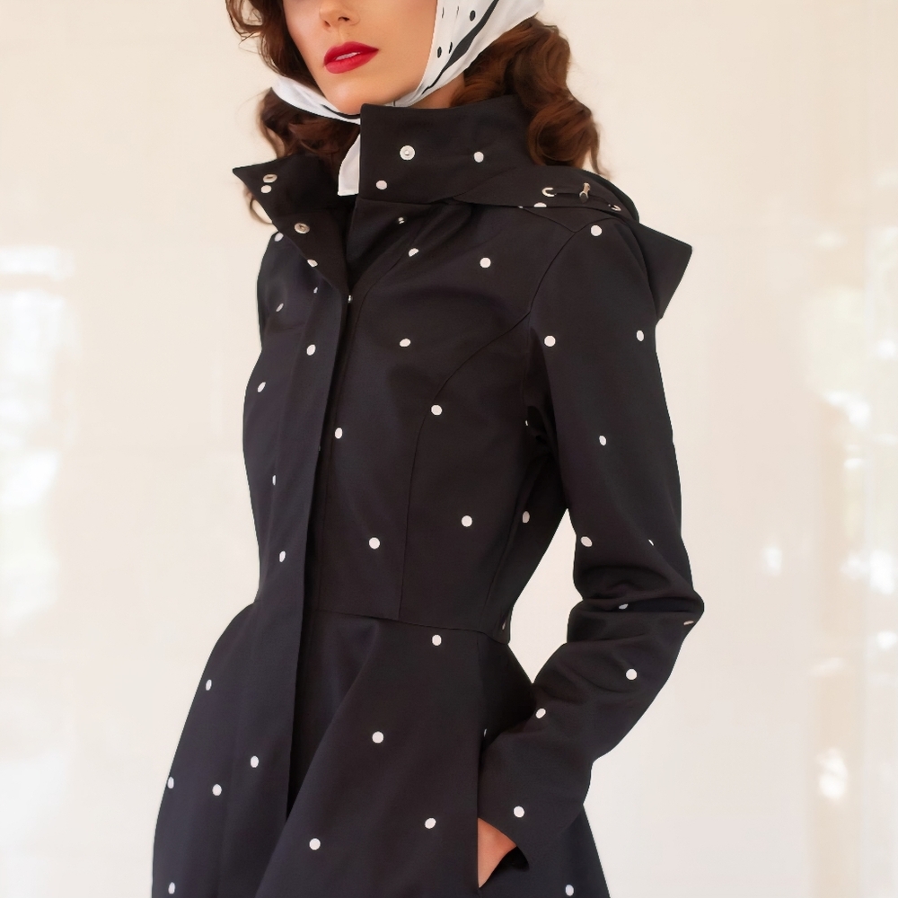 RainSisters Fit and Flare Coat with A-Line Skirt in Black | Timeless Polka Dots - Picture 4 of 6